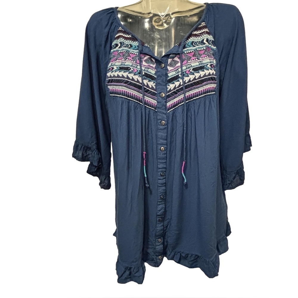 Roxy Embroidered Blue Boho Women's Top Sz Small